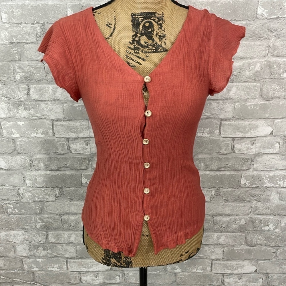 Anthropologie Coral Button-Front Textured Short Sleeve Top